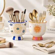 1pc Ceramic Storage Jar, Hand-Painted Ceramic Storage Container, Tableware Organizer, Makeup Tool Storage Box, With Various Colors And Patterns, Suitable For Kitchen Storage, Tableware Organization, Home Decor And Holiday Gifts - View 2