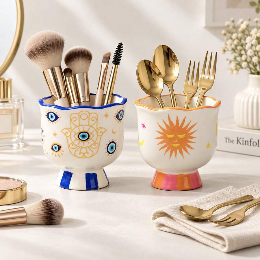 1pc Ceramic Storage Jar, Hand-Painted Ceramic Storage Container, Tableware Organizer, Makeup Tool Storage Box, With Various Colors And Patterns, Suitable For Kitchen Storage, Tableware Organization, Home Decor And Holiday Gifts