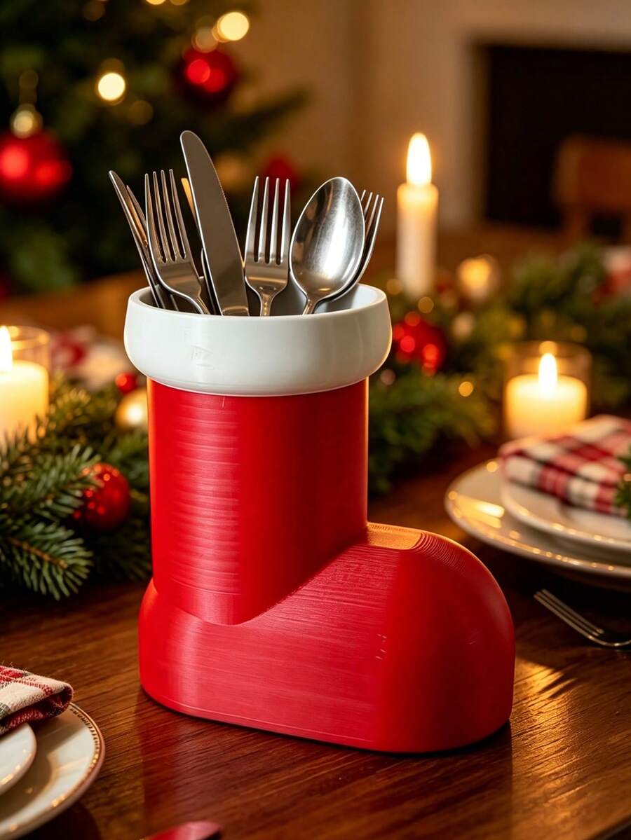 Christmas Boot Shaped Tableware Storage Box, Santa Claus Boot, For Christmas Decoration, Multi-Functional Storage Box, Desktop Storage Container, Can Hold Makeup Brushes, Pens, Remote Controls, Tableware And Small Items. Christmas Table Centerpiece Decoration. 3D Printed Tableware Rack, Spoon And Fork Holder, Tableware Storage Box, Tableware Tray, Tableware Organizer, Compact Space-Saving Storage Item, Suitable For Bathroom, Kitchen - Multicolor - View 1