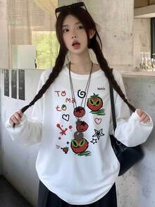 Cartoon Funny Tomato Pattern Short Long Sleeve T-Shirt Korean Casual Niche Design Crew Neck Sexy Style Autumn Top - White - View 6