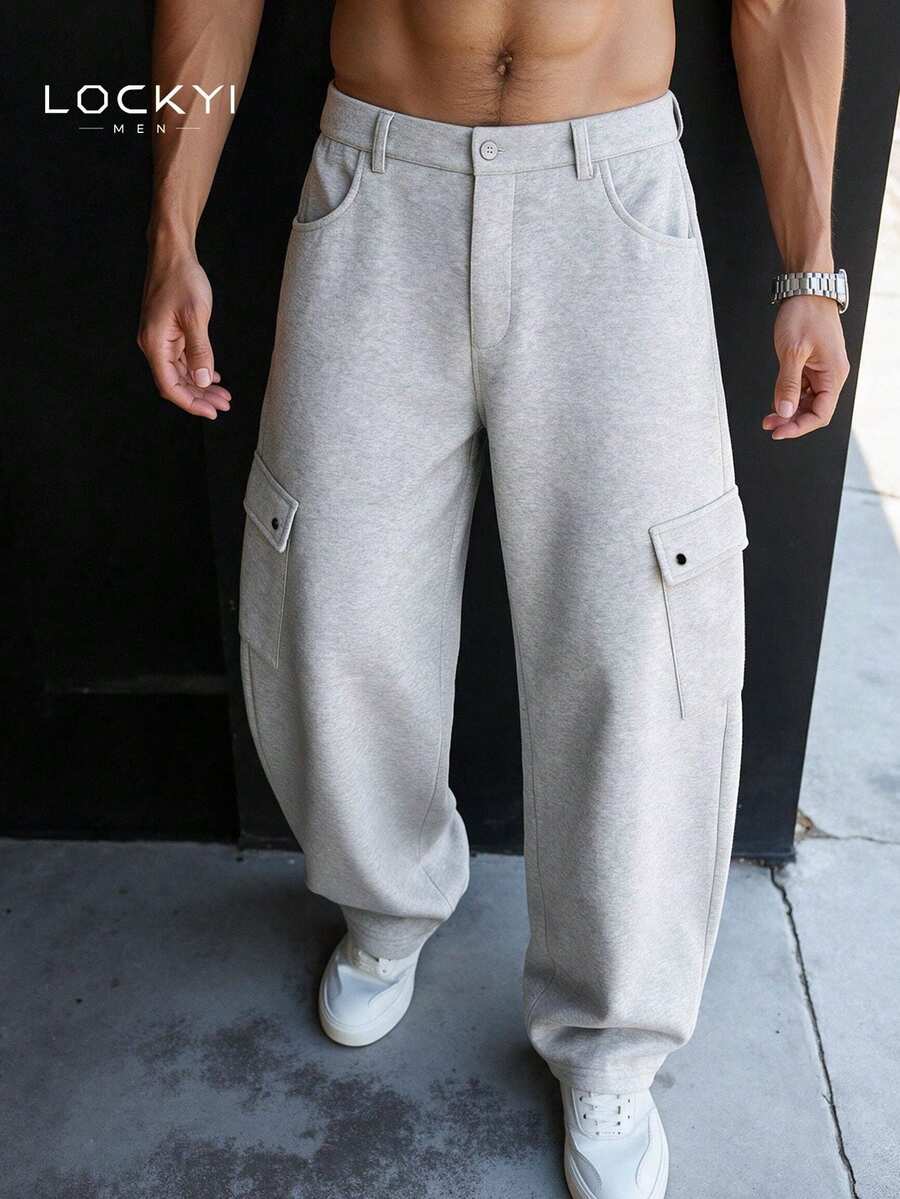 1pc Men's American Outdoor Street Style Multi-Pocket Button Loose Casual Long Pants - Light Grey - View 1