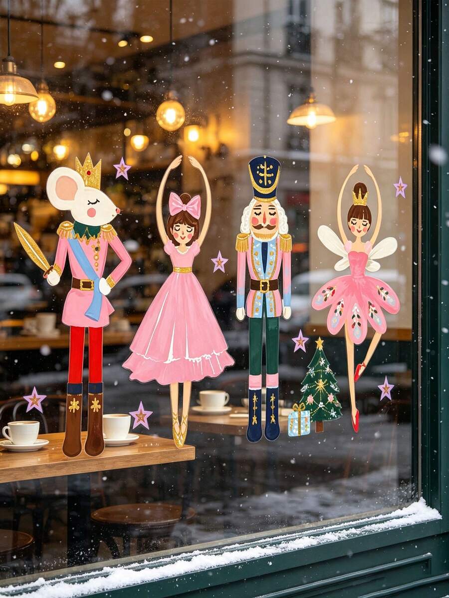 Christmas Nutcracker And Ballerina Window Stickers, Static Cling Window Decals, Reusable Glass Door Stickers, Suitable For Home, Pet Store, Cafe, Indoor Christmas Winter Holiday Window Decoration, Gift For Ballet Lovers - Multicolor - View 1