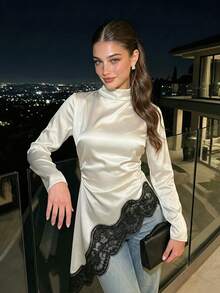 女款優雅緞面高領不對稱蕾絲拼接長袖襯衫，派對晚宴上衣 - 杏色 - 查看 1