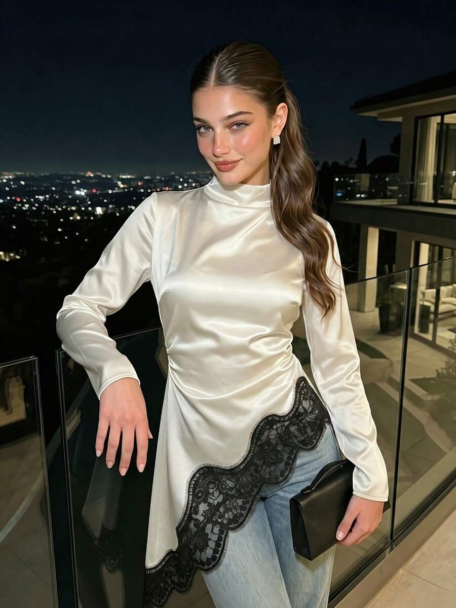 女款優雅緞面高領不對稱蕾絲拼接長袖襯衫,派對晚宴上衣 - 杏色 - 查看 1