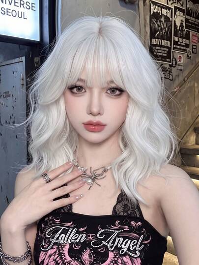 NAMM White Short Wavy Wig For Women,14 Inch Shoulder Length CurlyWig With Bangs,Natural Looking Synthetic Heat-Resistant Fiber Costume Wigs For Girls CosplayParty,Music FestivalStree Hip Hop Y2K Style Costume Wig