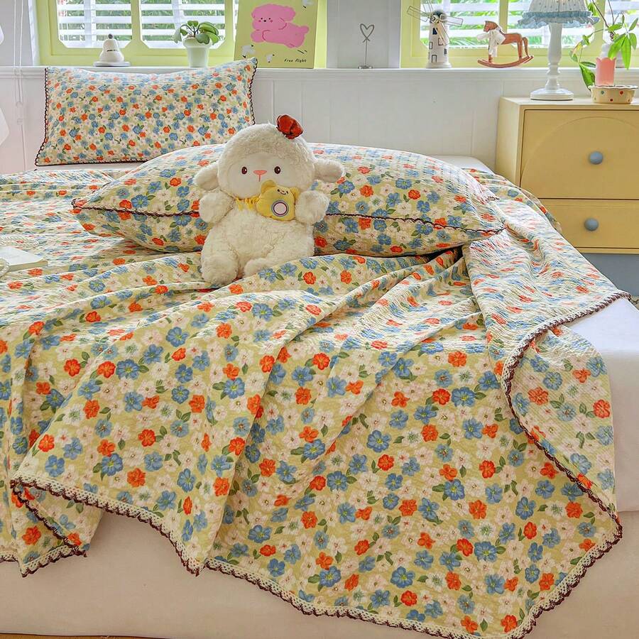 3-Piece Bed Sheet Set With Lace Trim, Botanical Print Design, Crochet Lace, British Country Style, Suitable For Single, Double, And Student Beds - Multicolor - View 1