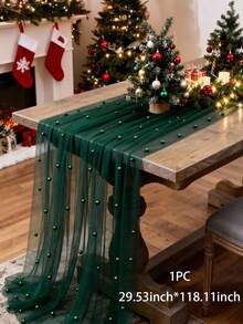 1pc Delicate Romantic Pearl Decor Chiffon Table Runner, White, Suitable For Wedding, Couple Date, Holiday Party Decoration - Imitation Pearl Mesh - View 11