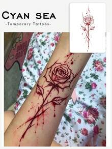 1pc Temporary Tattoo Sticker, Red Ink Splatter Rose Pattern, Realistic Tattoo Design, Suitable For Daily Wear, Bachelorette Party Favors, Music Festivals, Games, Graduation Gifts, Lasts 3-5 Days - Red - View 1