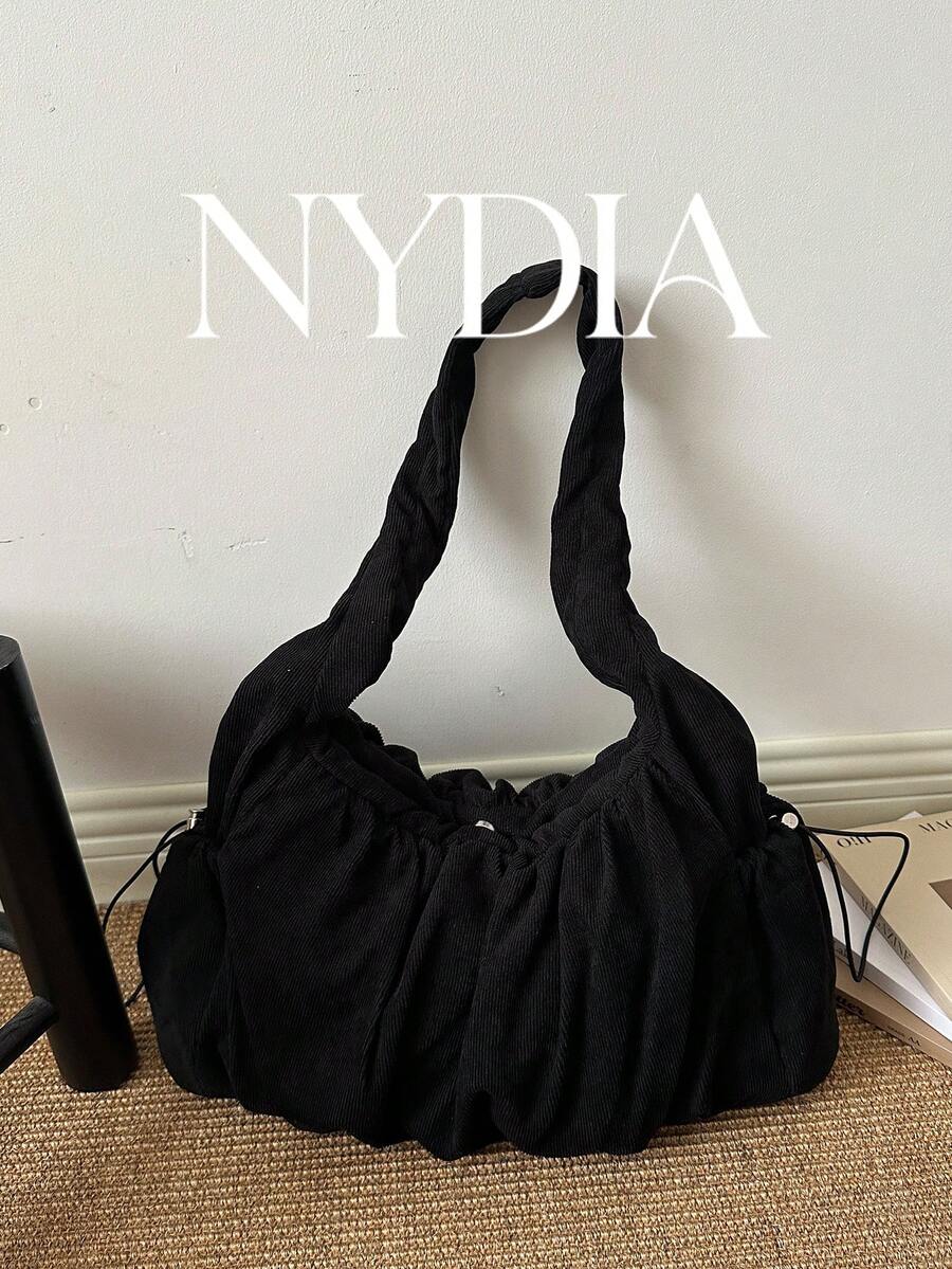 1pc Black Corduroy Drawstring Ruched Tote Bag, Large Capacity Casual Shoulder Bag, Vintage Slouchy Bohemian Handbag, Suitable For Women's Commute And Daily Use