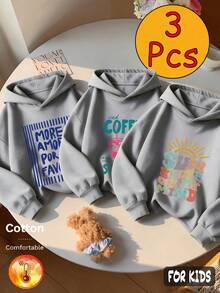 Autumn/Winter 3 Pieces Set Girls Hooded Fleece Sweatshirt, "MORE AMOR POR FAN", Coffee Color, Sun And Letter Pattern, Long Sleeve Cotton Y2K Style - Heather Gray+Heather Gray+Heather Gray - View 5