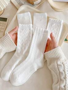 4 Pairs Women's Solid Color Ruffle Trim Cable Knit Printed Mid-Calf Socks, Soft And Comfortable, Suitable For All Seasons, Random Color - White - View 8