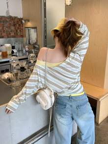 Women's White Striped Asymmetric Cold Shoulder Button Long Sleeve Top - White - View 7