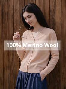 Solid Beige Flat Knit Front Button Office College 100% Wool Minimalist Knit Sweater Old Money Style Commute Versatile Cardigan Women's Knitwear Pullover Cardigan - Beige - View 1
