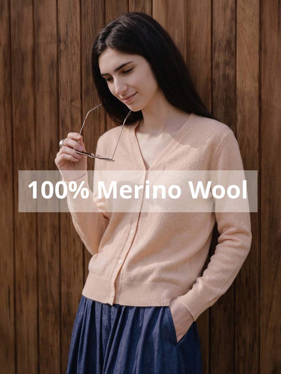 Solid Beige Flat Knit Front Button Office College 100% Wool Minimalist Knit Sweater Old Money Style Commute Versatile Cardigan Women's Knitwear Pullover Cardigan - Beige - View 1