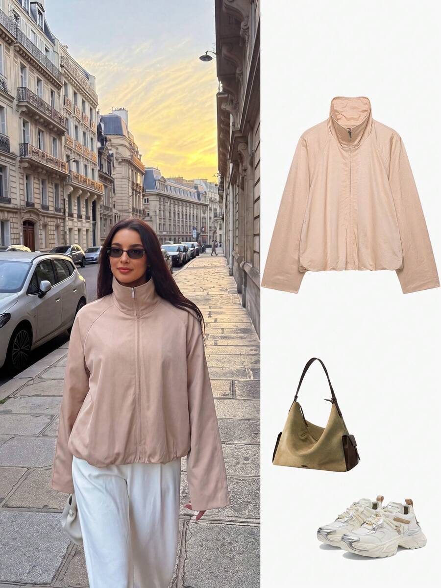 Se-Helo Women's Autumn/Winter Apricot Lapel Front Zipper Raglan Sleeve Loose Short Jacket - Apricot - View 1