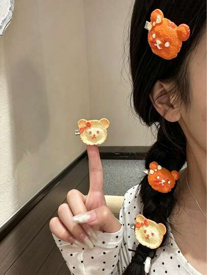 2pcs Simulated Orange Peel Bear Cute Hair Clips, Sweet Girl Daily Wear Alligator Hair Clips