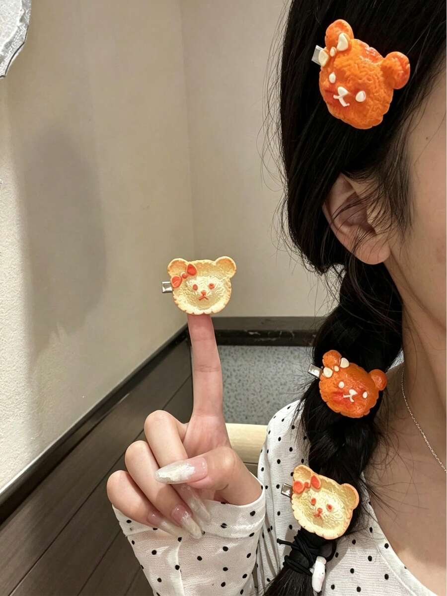 2pcs Simulated Orange Peel Bear Cute Hair Clips, Sweet Girl Daily Wear Alligator Hair Clips - Multicolor - View 1