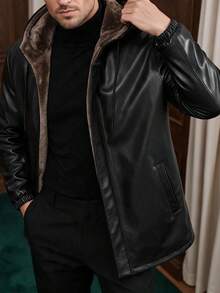 Men's Winter Daily Commute Fashion Casual New Thermal Lined Hooded Leather Jacket - Black - View 1