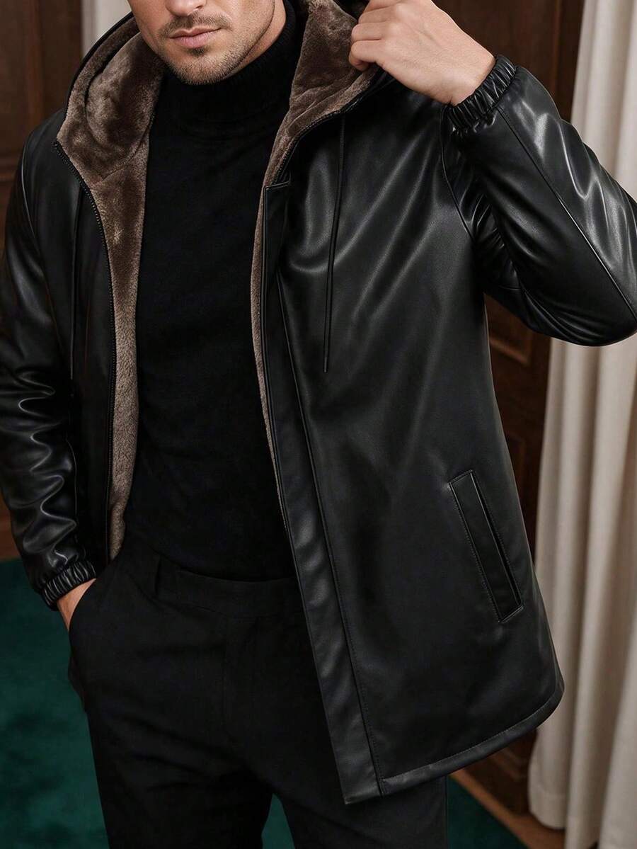 Men's Winter Daily Commute Fashion Casual New Thermal Lined Hooded Leather Jacket - Black - View 1