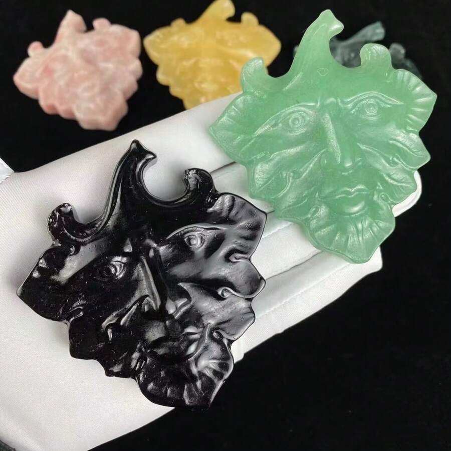 1pc Hand Carved Natural Green Man Crystal Foliate Head Sculpture Leaf Face Figurine Collectible Home Decor Display - Multicolor - View 1