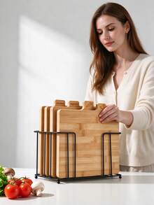 Bamboo Cutting Board Set With Metal Storage Rack, 4pcs Labeled Chopping Boards For Meat Fish Vegetable Chicken, Separated Food Prep Boards, Kitchen Counter Organizer,Easy To Clean,Kitchen Essentials,Kitchen Accesory - Bamboo and Wood Color - View 2