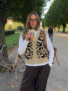Casual Vacation Style Leopard Print Button Women's Sweater Vest Holiday Vacation Daily Autumn/Winter - Khaki - View 1