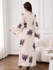 OENY | Arabic Long Dress, Elegant Style With Oversized Floral Print, Round Neck And Long Sleeve Design, Back Waist Tie - Baby Pink - View 7