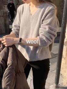 Sweater Rajut Lengan Panjang Leher V Wanita, Pullover Nyaman Warna Aprikot dengan Potongan Reguler, Cocok untuk Musim Gugur/Dingin - Aprikot - View 2