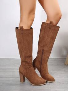 2024 Autumn/Winter New Plus Size Women's Suede Chunky Heel Pointed Toe Side Zipper Solid Color High Heel Riding Boots - Brown - View 7