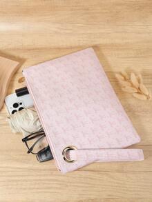 Simple Bow Print Women's Handbag, Zipper Closure Portable Phone, Umbrella And Glasses, Large Capacity Suitable For Outdoor And Travel - Pink - View 6