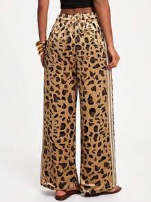 KyrLssu Women Leopard Print Velvet Wide Leg Pants Elastic Waist Drawstring Side Stripe Loose Trousers - Yellow - View 4