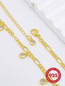 1pc Shiny S925 Sterling Silver Gold Plated Figaro Chain With 5 Bezel-Set White Zirconia Beads, Adjustable Extension Ankle Chain, Atmospheric Accessory For Women - Gold - View 5