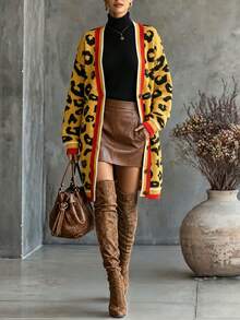 Women's Autumn/Winter V-Neck Colorblock Leopard Print Jacquard Loose Casual Versatile Mid-Length Knit Cardigan - Multicolor - View 1