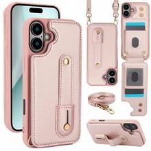 OUKNOEO 時尚人造皮革斜挎手機包，相容 iPhone 18 17e Air 16e 15 14 13 Pro Max Plus S26 S25 Edge S24 Ultra A37 A57 Z Fold 8 Ultra 7 6 5 4，附手腕帶與長掛繩 - 粉色 - 查看 77