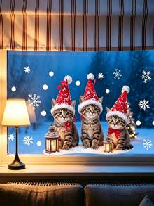 Cute Christmas Hat Kitten Glass Sticker, Electrostatic Adsorption Window Decal, Reusable Decorative Sticker With Snowflake And Lantern Pattern, Suitable For Home, Pet Store, Cafe, Indoor Christmas Winter Holiday Window Decoration - Multicolor - View 5