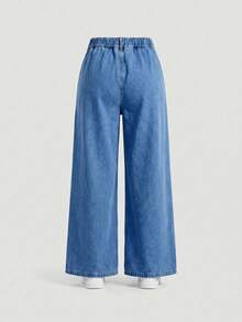Girls' Denim Jeans With Butterfly Pink & White Gradient Embroidery, High Street INS Style Blue Straight Leg Long Pants, Autumn/Winter Fashion Outfit - Medium Wash - View 3