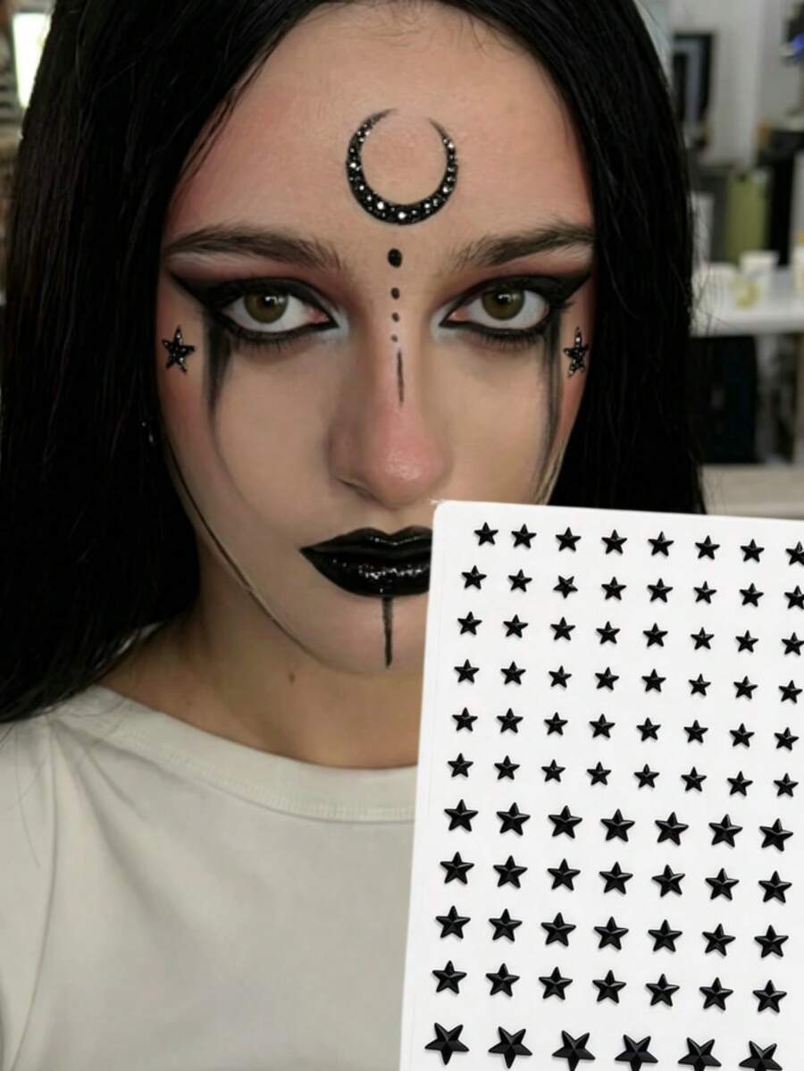 1pc Autumn/Winter New Black Big & Small Star Face Stickers, Y2K Dark Punk Gothic Cool Vibe Decorative Face Decals, DIY Self-Adhesive Stickers For Face - Black - View 1
