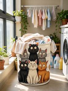 Large Capacity Foldable Cat Laundry Basket With Handle - Cute Tabby Cat Face Storage Bin, Dirty Clothes Organizer, Portable Polyester Storage Bag, Suitable For Bedroom, Dorm, Room - Space-Saving Laundry Basket, Essential Home Helper - Multicolor - View 6