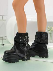 2026 Women's Fashion Black Western Style Sexy Mid-Calf Boots, Wooden Heel Sole Ruched Design High-Top Boots, Suitable For Daily And Holiday Wear - Black - View 4