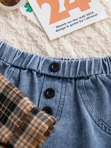 Autumn/Winter Baby Girl Sweet & Cool Casual Maillard Plaid Shirt & Solid Color Camisole & Washed Blue Denim Flare Pants 3 Pieces Set For Outings And Commuting - Khaki - View 10