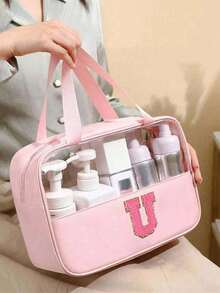 1pc Pink PU Leather Transparent Toiletry Bag, Portable Chenille Letter Storage Bag With Embroidered Letters, Makeup Bag, Wash Bag, Travel Bag, Bathroom Accessory, Suitable For Home, Outdoor, Daily Use. - Multicolor - View 18