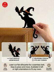4pcs Halloween Door Corner Decor 2D Flat Black Cat With Witch Hat And Bat Silhouette Door Frame Topper For Home Party Entryway And Window Corner Decoration - A - View 10