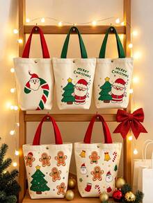 2pcs Christmas Printed Tote Handbag Bag, Santa Claus & Christmas Tree & Gingerbread Man Print Handbag, Reusable Snap Button Shopping Bag, Holiday Gift Bag, Women Daily Shoulder Handbag - Multicolor - View 9