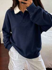 Fashionable Autumn Women's Regular Fit Hoodie, Warm Pullover, Loose Fit, Long Sleeve - Navy Blue - View 7