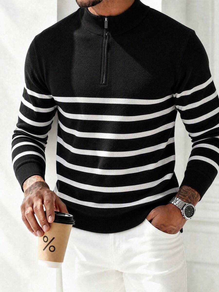 Men's Colorblock Casual Versatile Daily Wear Long Sleeve Polo Shirt - Black - View 1