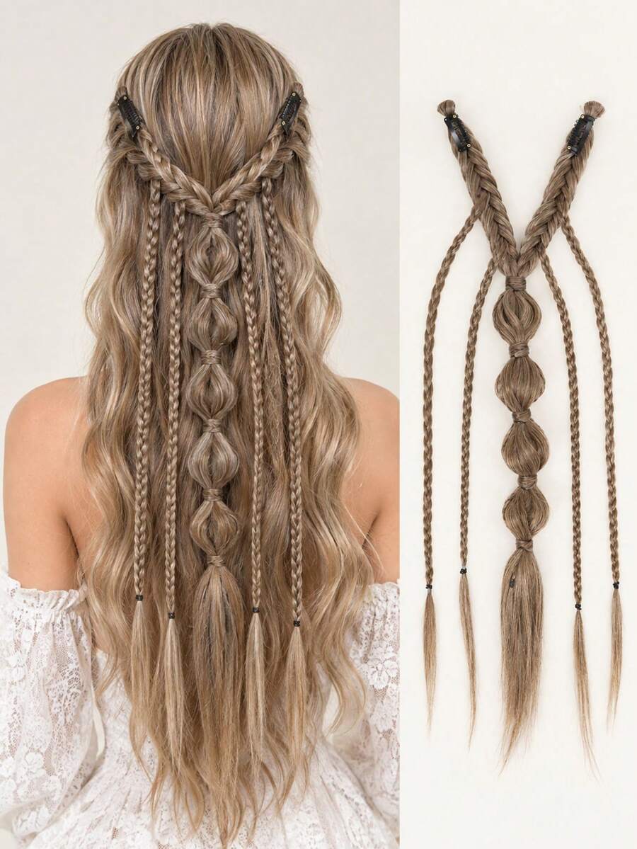 24 Inch Elf Style BB Clip On Hair Braid, Synthetic Hair Extensions, Hair Slide,Bobby Pin, Synthetic Long Twisted Braid With Bubble Ponytail