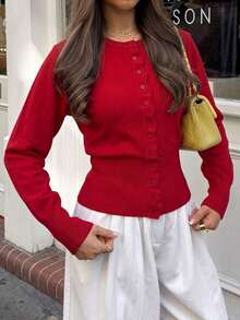 Unadoll Women Fall Winter Red Scallop Button Puff Sleeve Knit Crop Cardigan, Elegant Slim Basic Top For Back To School & Date Night - Red - View 2