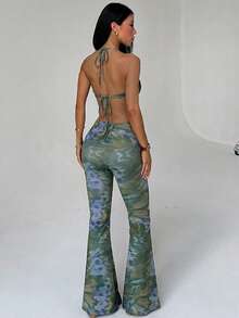 Autumn Sexy Twist Print Spaghetti Strap Jumpsuit, Slim Fit, For Vacation, Party, Date - Green - View 4