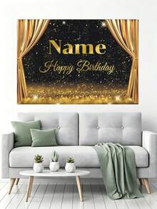 Customizable Name Black & Gold Glowing Background Happy Birthday Banner, Gold Glitter Curtain Design, Suitable For Birthday Party Cake Table Backdrop Decor, Photography Backdrop, Vinyl Material - Gold - View 7