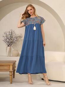 ASBB Shrot Sleeve Loose Fit Round Neck For Women,Woven Embroider Elegant Modest Abaya Long Dress, Suitable For Fall, Holiday And Daily Wear - Blue - View 10